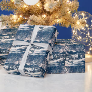 Vintage Christmas, Winter Snow Mountain Landscape Wrapping Paper
