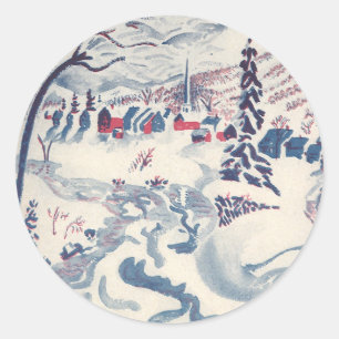 Vintage Christmas, Winter Village Snowscape Snow Classic Round Sticker