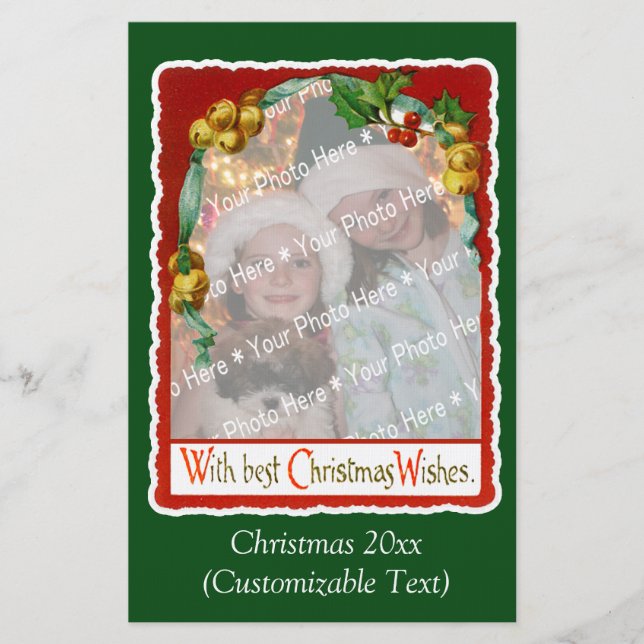 Vintage Christmas Wishes Photo Template Stationery (Front)