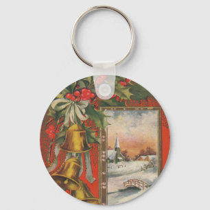 Vintage Christmas with Bells, Holly, Village Key Ring