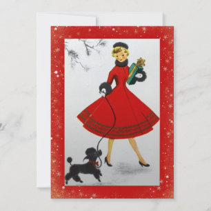 Vintage Christmas Woman Dog Red Gold Holiday Card
