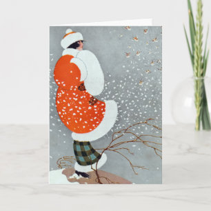 Vintage Christmas Woman In Snow Holiday Card