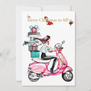 Vintage Christmas woman on a pink scooter Holiday Card
