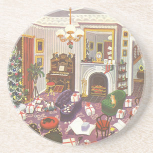 Vintage Christmas Wrapping Presents in Living Room Coaster