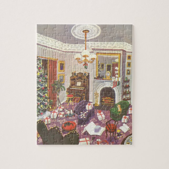 Vintage Christmas Wrapping Presents in Living Room Jigsaw Puzzle (Vertical)