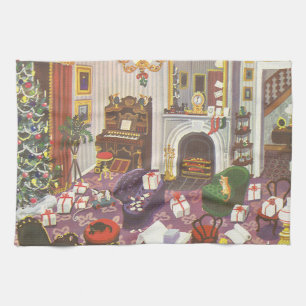 Vintage Christmas Wrapping Presents in Living Room Tea Towel