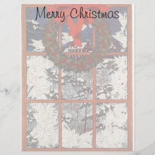 Vintage Christmas Wreath in a Window with Snow