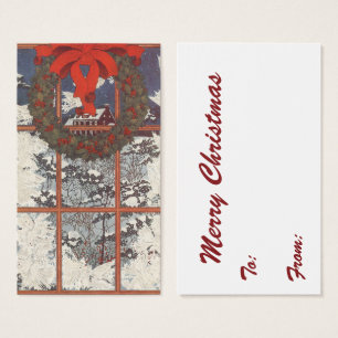 Vintage Christmas Wreath in a Window with Snow