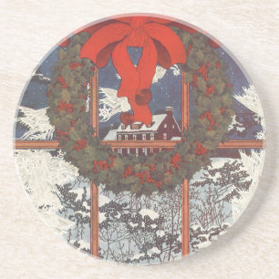 Vintage Christmas Wreath in a Window with Snow Coaster
