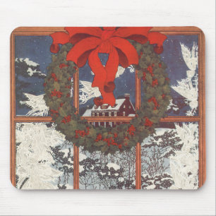 Vintage Christmas Wreath in a Window with Snow Mouse Pad