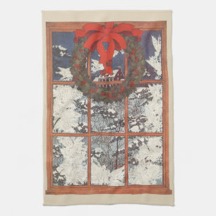 Vintage Christmas Wreath in a Window with Snow Tea Towel