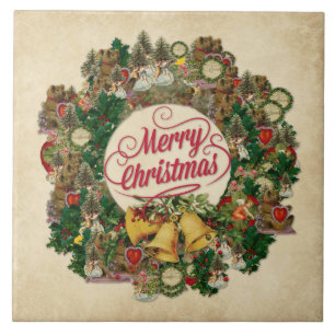 Vintage Christmas Wreath (Merry Christmas) Ceramic Tile