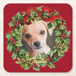 Vintage Christmas wreath pet photo custom Classic Square Paper Coaster