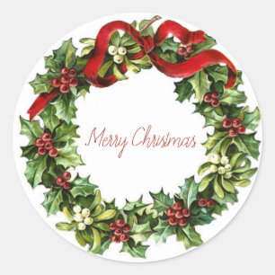 Vintage Christmas wreath pine red retro   Classic  Classic Round Sticker