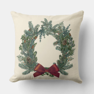 Vintage Christmas Wreath Red Bow Green Pillow
