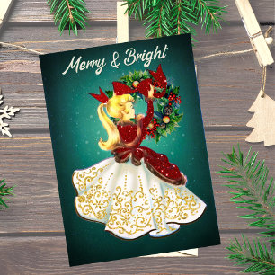 Vintage Christmas wreath red gold glitter girl  Holiday Card