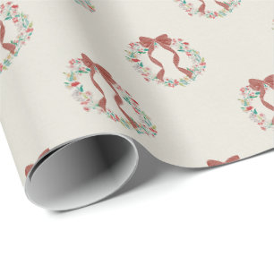 Vintage Christmas Wreath Watercolor Linen (Cream) Wrapping Paper