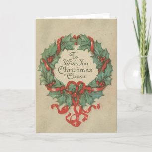 Vintage Christmas Wreath with Wishes Holiday Card