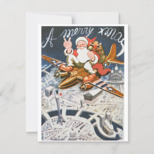 Vintage Christmas WW2 Santa On Plane Holiday Card