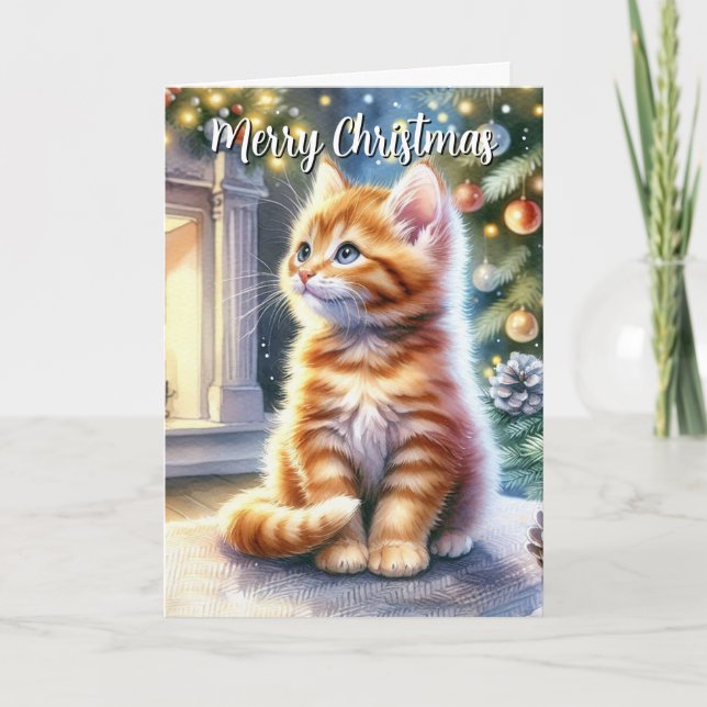 Vintage Christmas Yellow Kitten Card (Front)