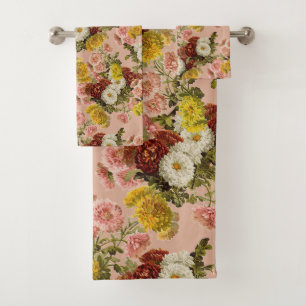 Vintage Chrysanthemum Flowers on Dusty Rose Pink Bath Towel Set