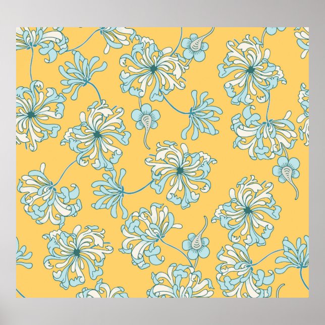 Vintage Chrysanthemum Flowers, Oriental Pattern. Poster (Front)