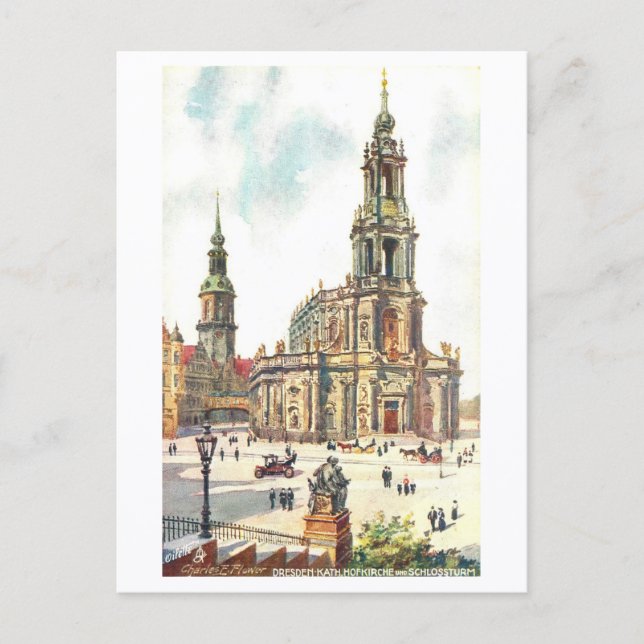 Vintage Church and Castle Tower in Dresden Postcard (Front)