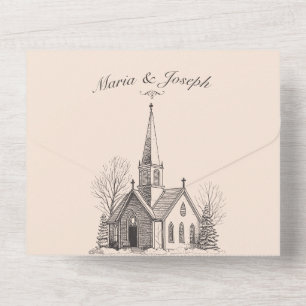 Vintage church minimalist wedding all in one invitation