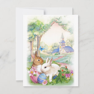 Vintage Church With Bunnies On Easter Eggs Holiday Card