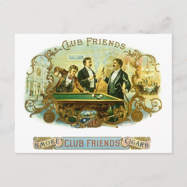 Vintage Cigar Label Art, Club Friends Billiards Postcard (Front)