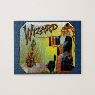Vintage Cigar Label, Magic Wizard with Black Cat Jigsaw Puzzle