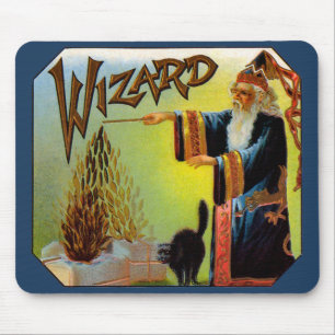 Vintage Cigar Label, Magic Wizard with Black Cat Mouse Pad