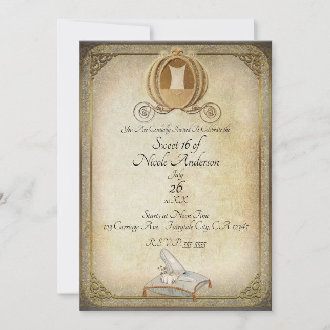 Vintage Cinderella Carriage & Slipper Sweet 16 Invitation (Front)