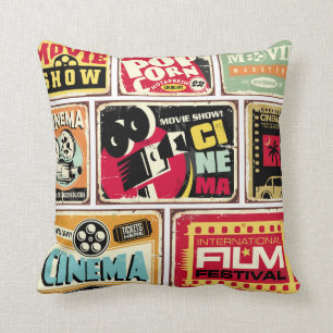 Vintage cinema tin signs collection. Movie industr Cushion