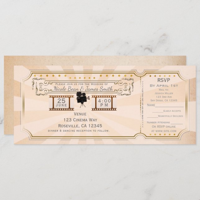 Vintage Cinema Wedding Ticket Invitation & rsvp (Front/Back)