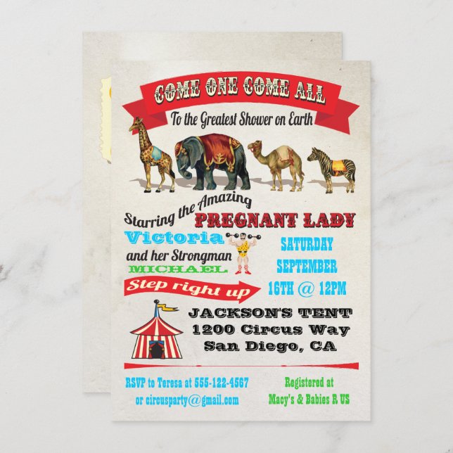 Vintage Circus Animals Baby Shower Invitations (Front/Back)