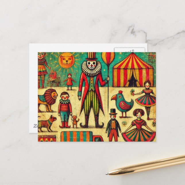 Vintage Circus Clown Collage Postcard (Front/Back In Situ)