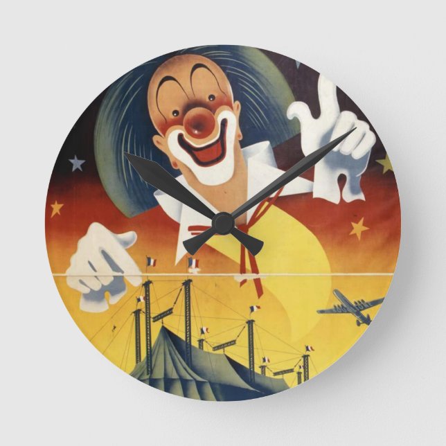 Vintage Circus Clown Round Clock (Front)