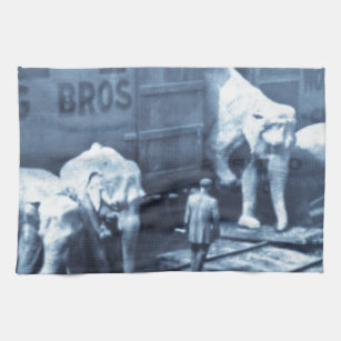 Vintage Circus Elephants Ringling Railroad Car Tea Towel