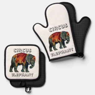 Vintage circus performing elephant circus , poste oven mitt & pot holder set