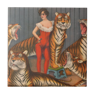 Vintage Circus Poster Of Woman With Six Tigers. Ceramic Tile