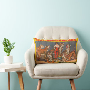 Vintage Circus Poster Of Woman With Six Tigers. Lumbar Cushion