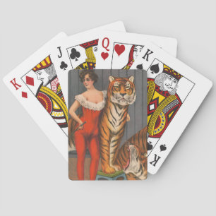 Vintage Circus Poster Of Woman With Six Tigers. Playing Cards