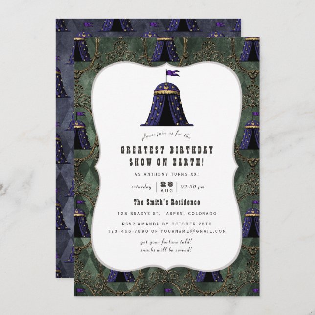 Vintage Circus Themed Birthday Party Invitation (Front/Back)