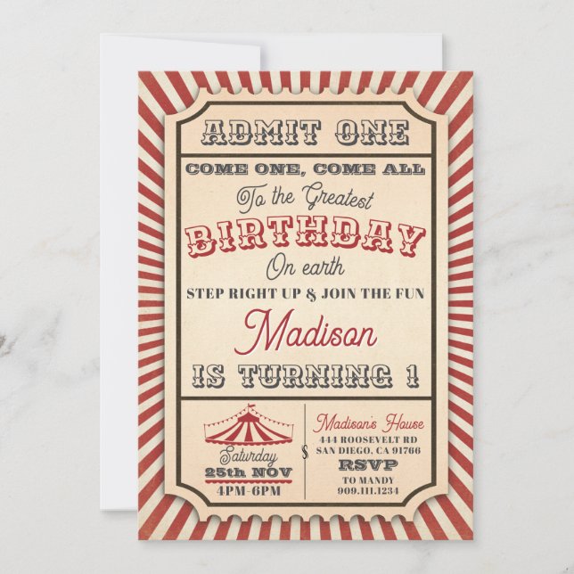 Vintage Circus Ticket Party Birthday Invitation (Front)