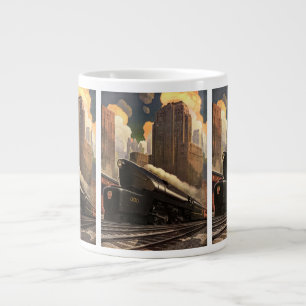 Vintage City, T1 Duplex Train on Railroad Tracks Large Coffee Mug