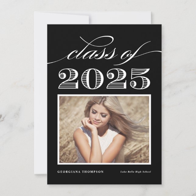 Vintage Class of 2025 Black Photo Graduation Invitation (Front)