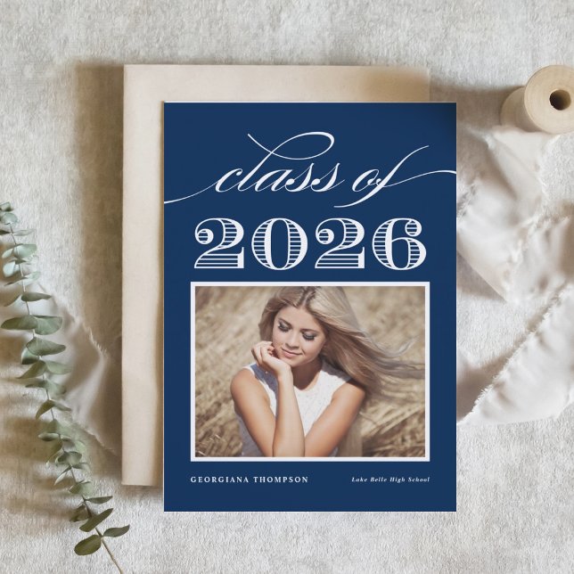 Vintage Class of 2026 Navy Blue Photo Graduation Invitation (Customizable navy blue photo graduation invitation featuring elegant script and vintage typography. )