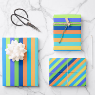 Vintage Classic Blue & Orange Rainbow Stripes  Wrapping Paper Sheet