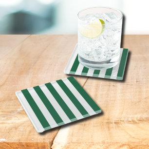 Vintage Classic Bottle Green & White Stripes Glass Coaster